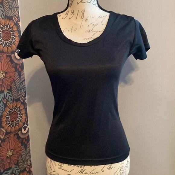 One Step Up Tops - Shiny Black Scoop Neck Stretch Y2K Baby Tee One Step Up Size Small